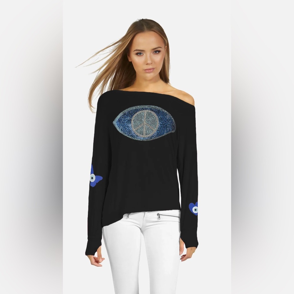 🧿 NWT/:Lauren Moshi Krista Peace Evil Eye Black Long Sleeve Top//Sz S
